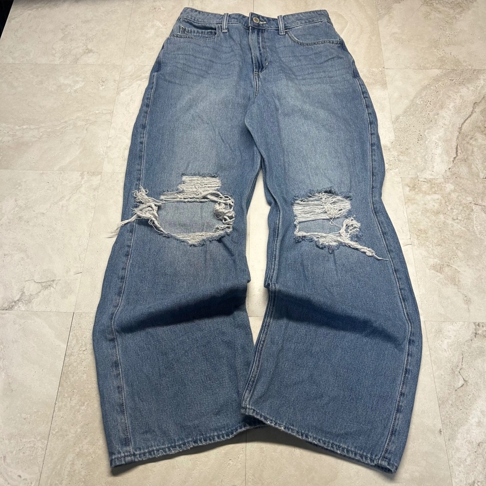 Hollister Ultra High-Rise Baggy Jeans Blue Womens 6R W28 Ripped Knee Distressed
